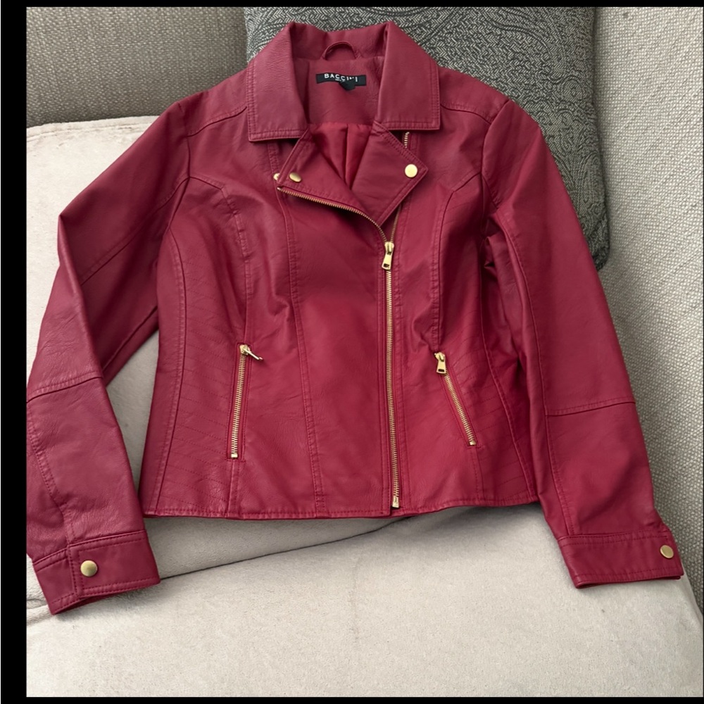 New Women's Synthetic Leather Jacket in Rich Red with Gold Details.